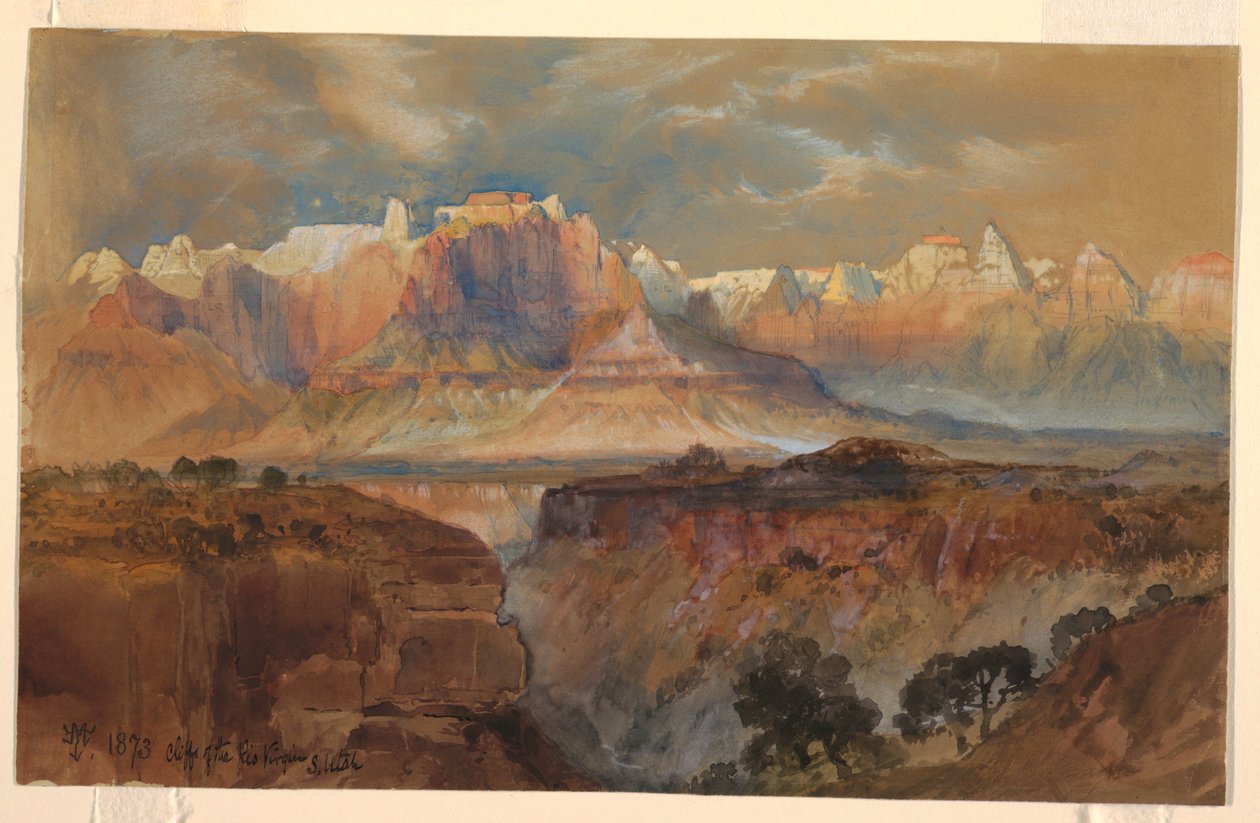 Dibujo, Acantilados del Río Virgen, sur de Utah, 1873 de Thomas Moran