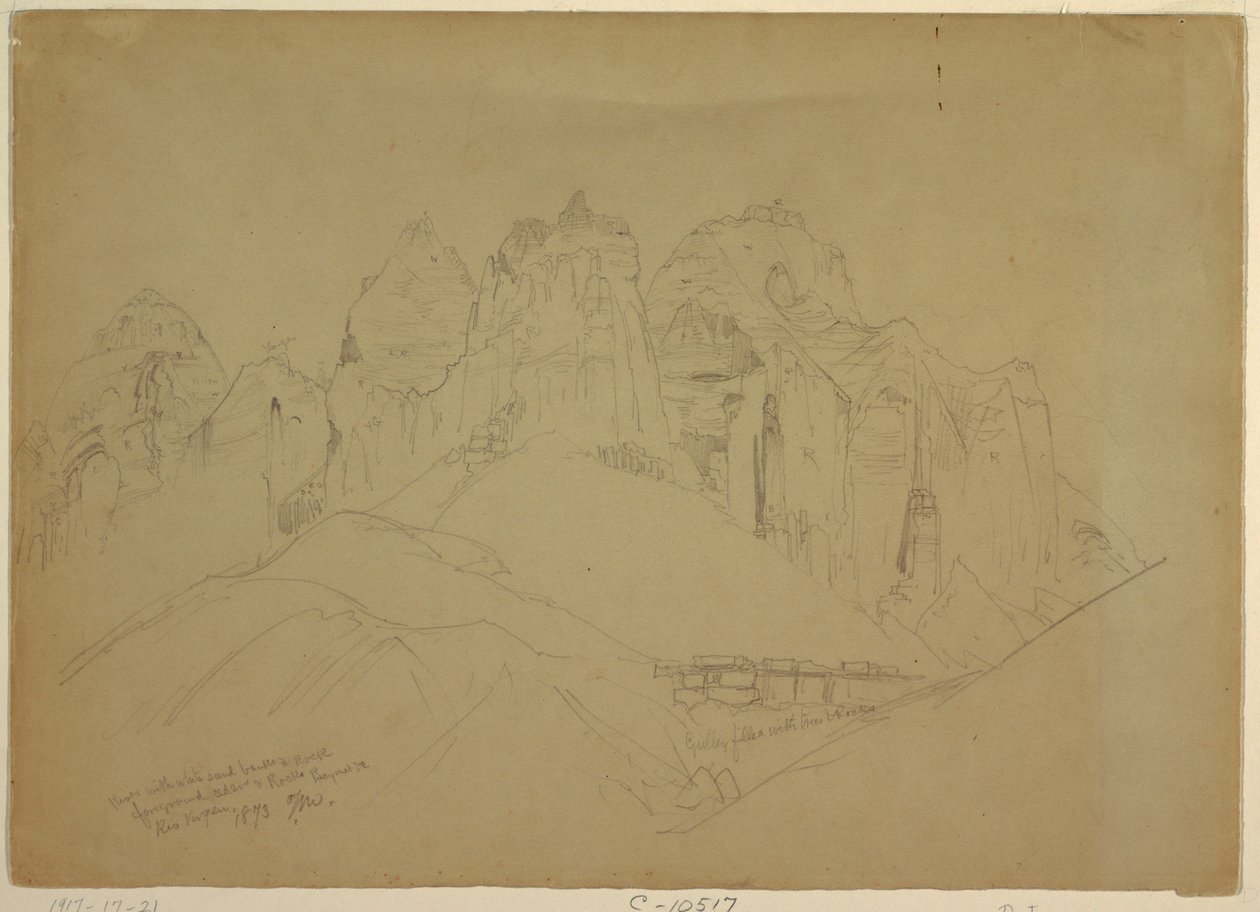 Dibujo, Río Virgen con grandes formaciones rocosas, 1873 de Thomas Moran