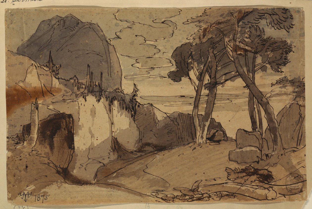 Dibujo, Carretera en un paisaje montañoso, 1875 de Thomas Moran