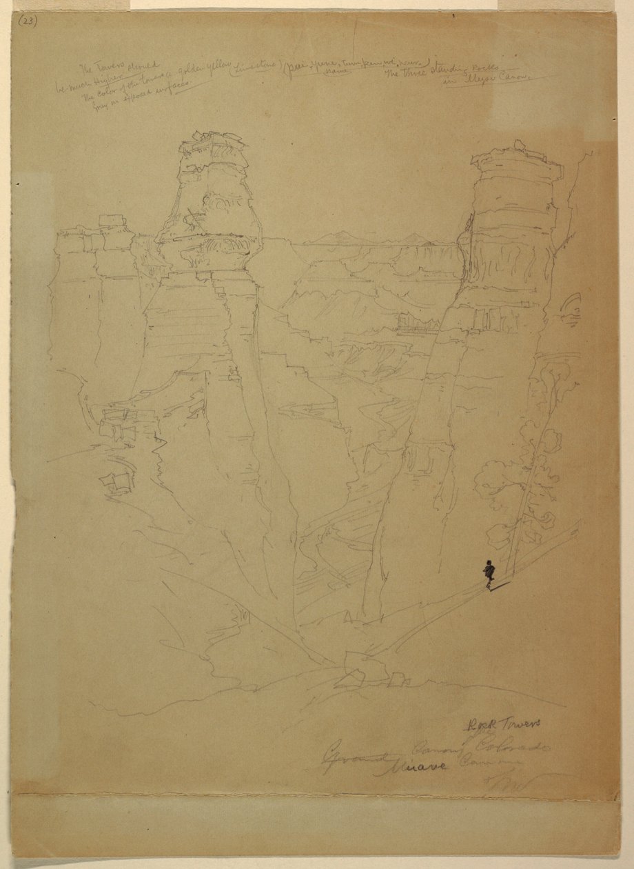 Dibujo, Torres de roca en el cañón Muave [Muav], Colorado, 1873 de Thomas Moran