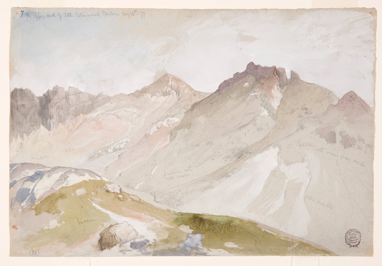 Dibujo, The Upper End of Little Cottonwood Canyon, Wasatch Range, cerca de Ogden, Utah, 13 de agosto de 1879. de Thomas Moran