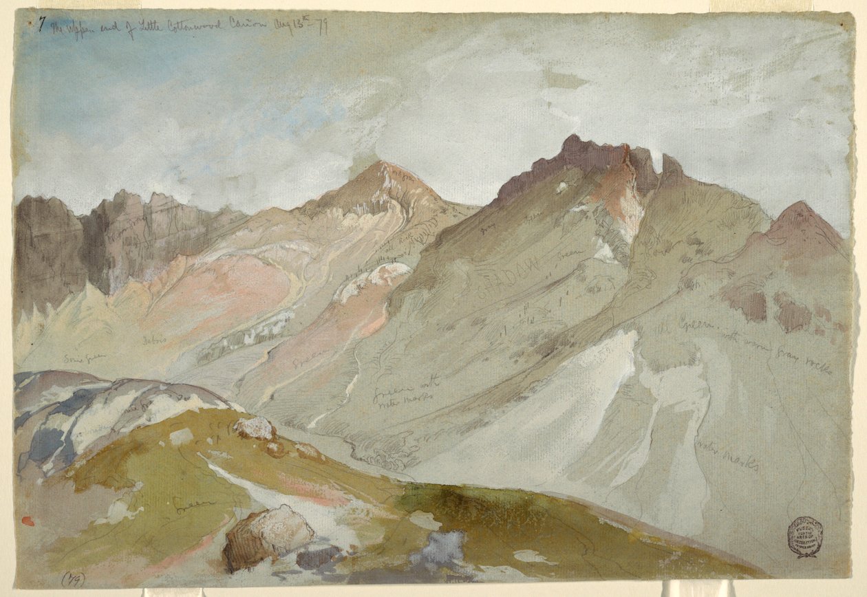 Dibujo, The Upper End of Little Cottonwood Canyon, Wasatch Range, cerca de Ogden, Utah, 13 de agosto de 1879. de Thomas Moran