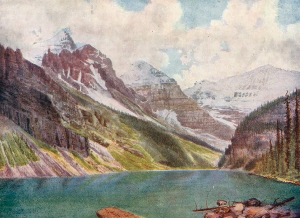 Montes Aberdeen, Lefroy y Victoria, en el lago Louise (litografía en color) de Thomas Mower Martin