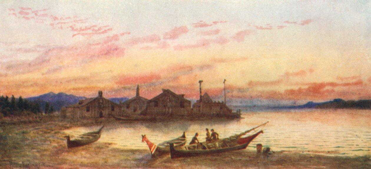 Siwash Village, Costa del Pacífico (litografía en color) de Thomas Mower Martin