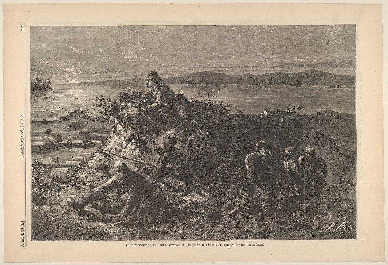 Un explorador nocturno en el suroeste - Sorpresa de un puesto avanzado, y encuesta del rebelde..., 4 de abril de 1863 de Thomas Nast