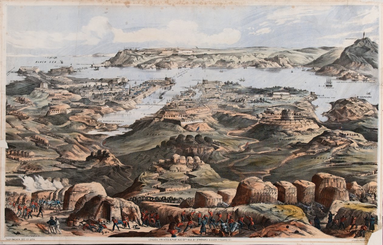 Vista de Sebastopol desde las obras de asedio británicas, la Batería del Marinero y la Batería del Cañón Lancaster de Thomas Packer
