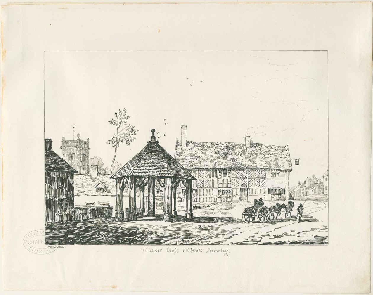 Abbots Bromley - Cruz del mercado Tudor y casa: dibujo a pluma y tinta de Thomas Peploe Wood