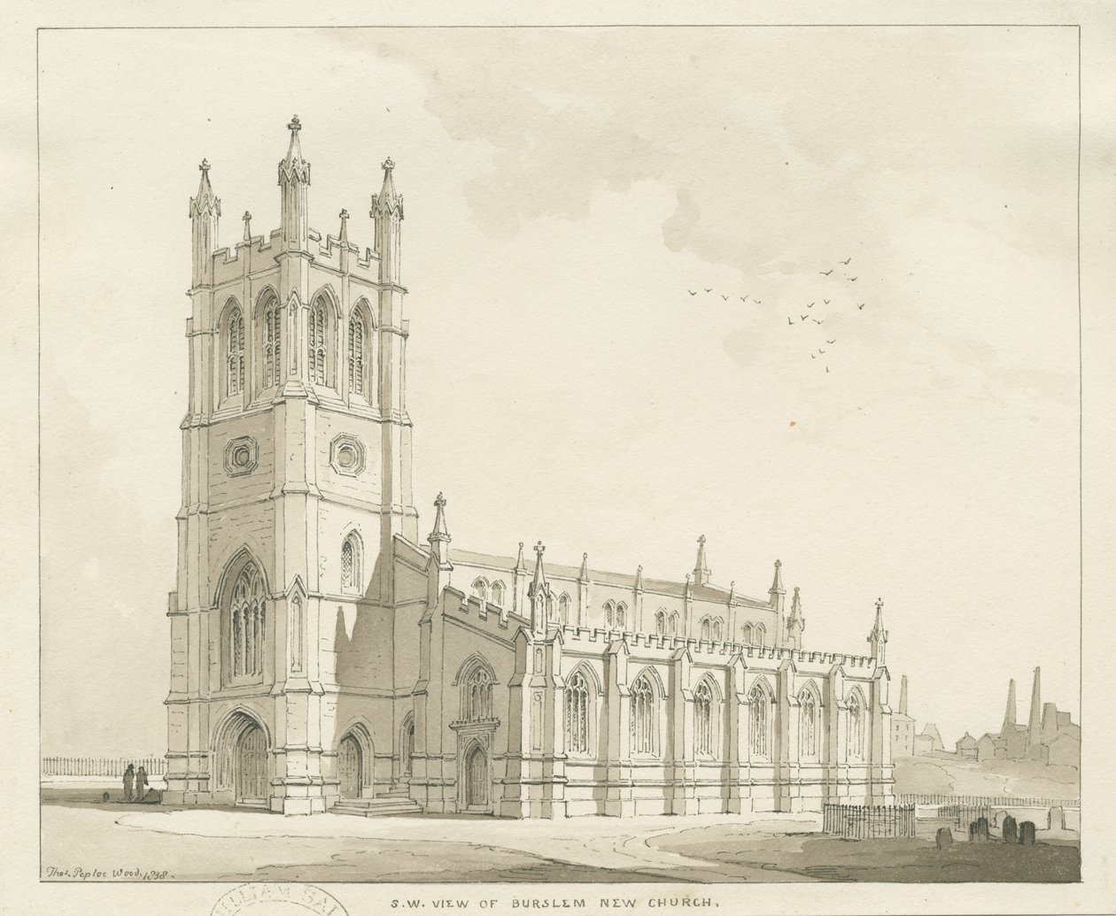 Burslem - Iglesia de San Pablo: dibujo a pluma y lavado de Thomas Peploe Wood