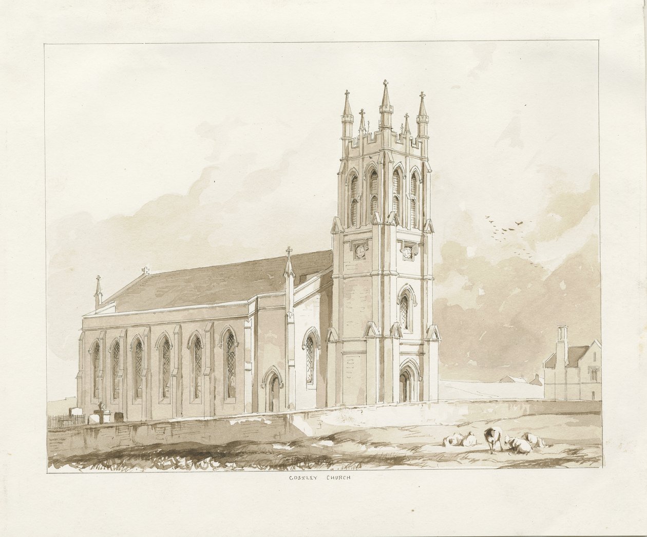 Iglesia de Coseley: dibujo en sepia, nd [1841] de Thomas Peploe Wood
