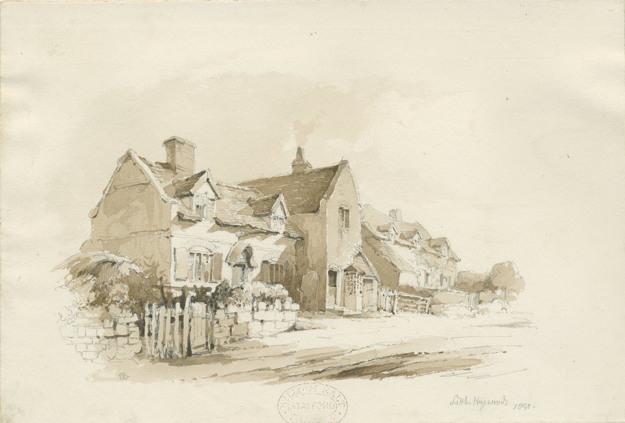 Cabañas en Little Haywood: dibujo a lápiz y lavado de Thomas Peploe Wood