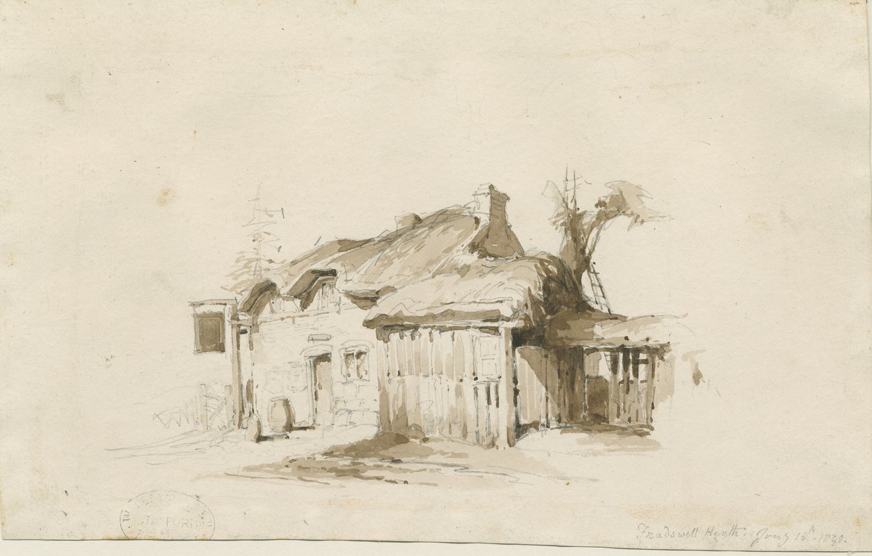 Fradswell - Cabaña en el páramo: dibujo a lápiz y lavado de Thomas Peploe Wood