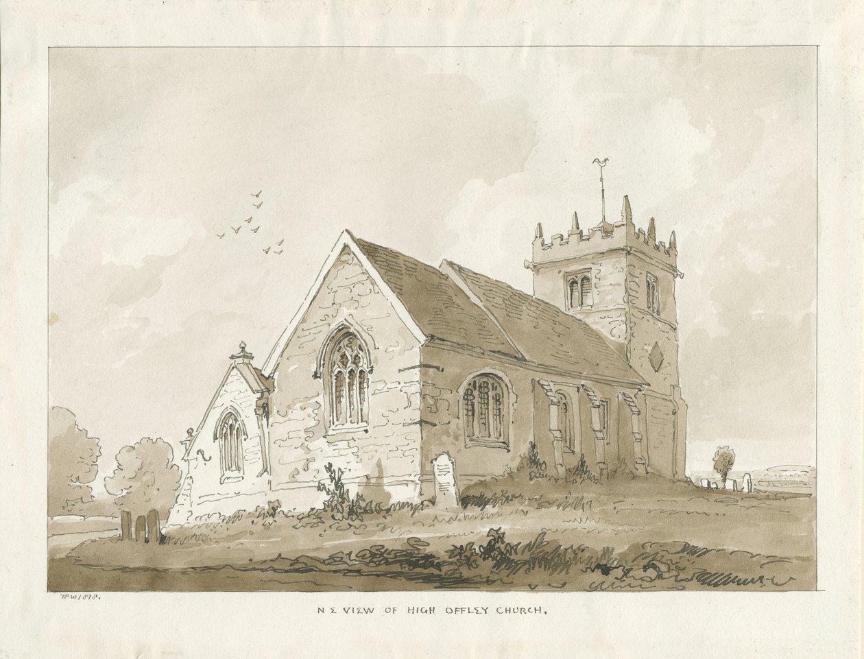 Iglesia de High Offley: dibujo en sepia de Thomas Peploe Wood