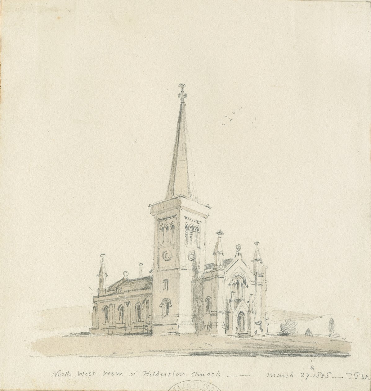 Iglesia de Hilderstone: dibujo a lápiz y lavado de Thomas Peploe Wood