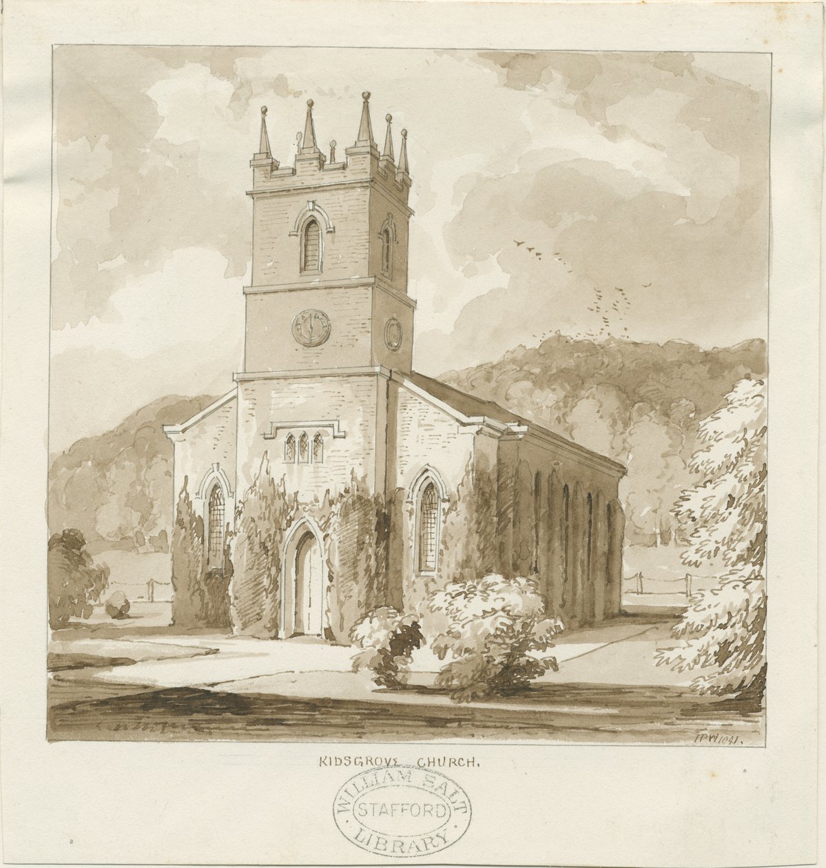 Iglesia de Kidsgrove: dibujo en sepia de Thomas Peploe Wood