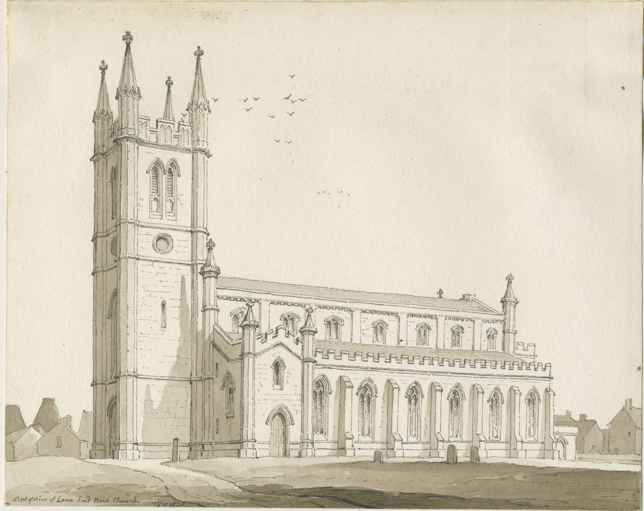 Lane End - Nueva iglesia: dibujo sepia de Thomas Peploe Wood