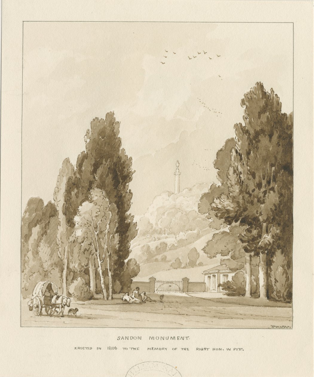 Sandon - Monumento a William Pitt: dibujo en sepia, 1838 de Thomas Peploe Wood