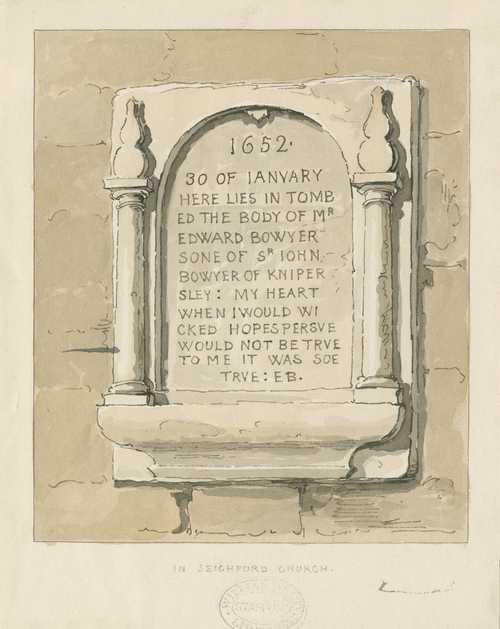 Iglesia de Seighford - Placa de piedra a Edward Bowyer de Thomas Peploe Wood
