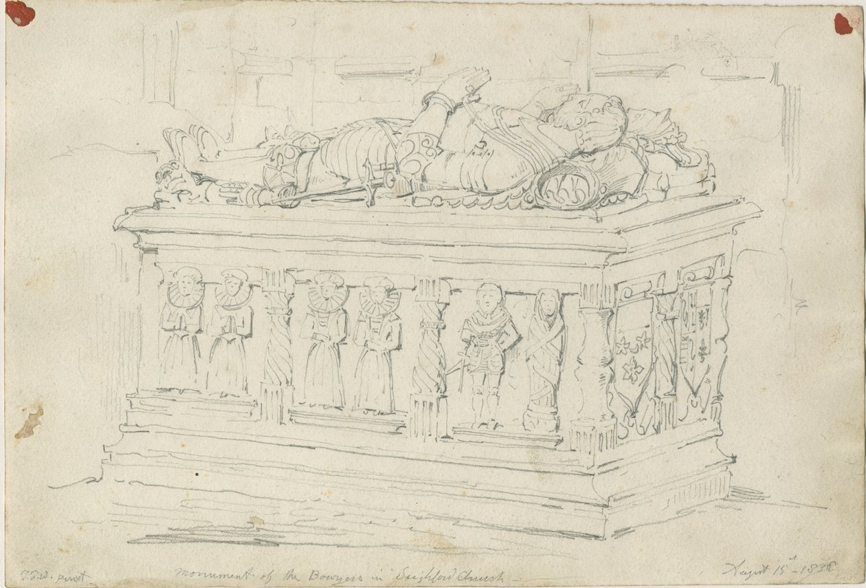 Iglesia de Seighford - Tumba de William y Mercy Bowyer: dibujo a lápiz de Thomas Peploe Wood