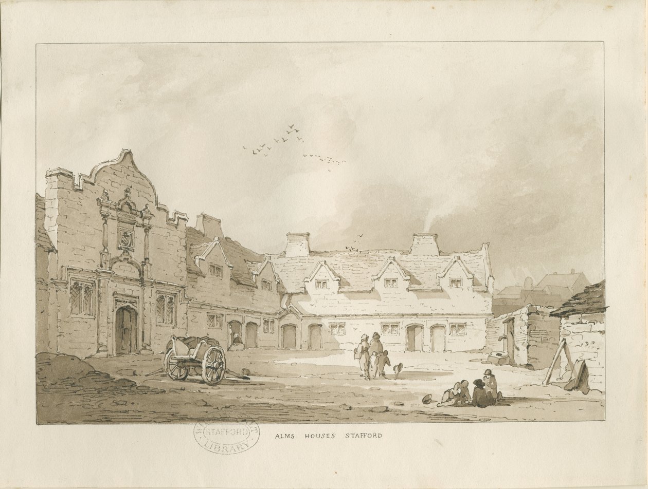 Stafford - Casas de beneficencia: dibujo en sepia de Thomas Peploe Wood