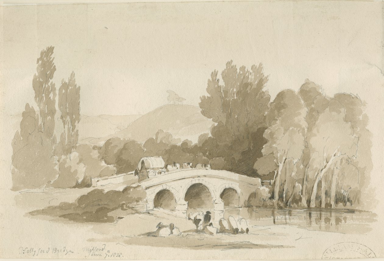 Stafford - Puente Hollyford, Milford: dibujo en sepia de Thomas Peploe Wood