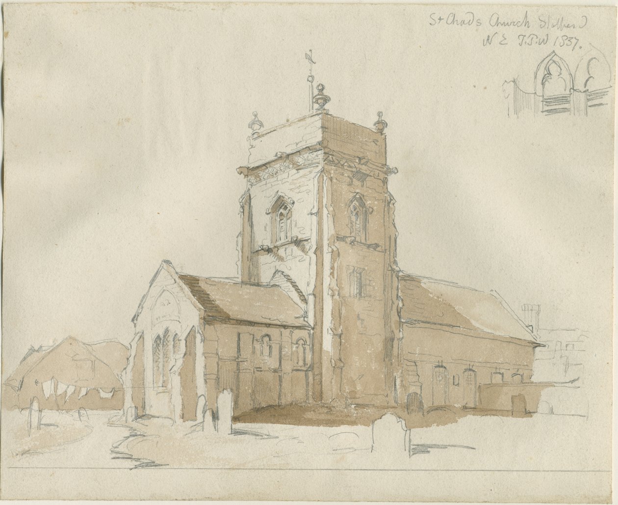 Stafford - Iglesia de San Chad: dibujo a pluma y lavado de Thomas Peploe Wood