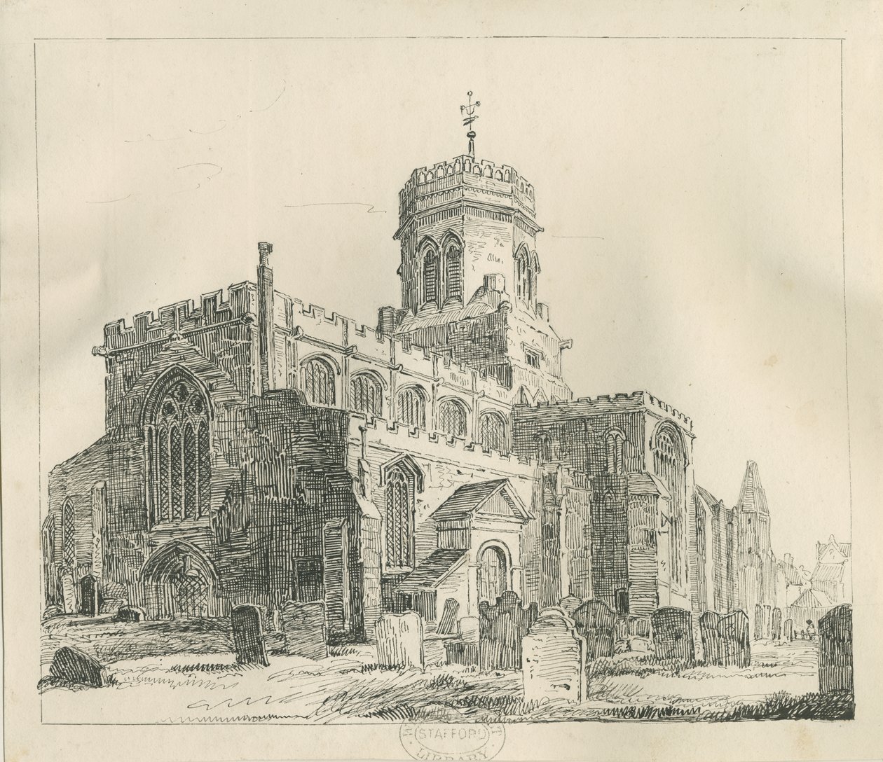 Stafford - Iglesia de Santa María: dibujo a pluma y tinta de Thomas Peploe Wood