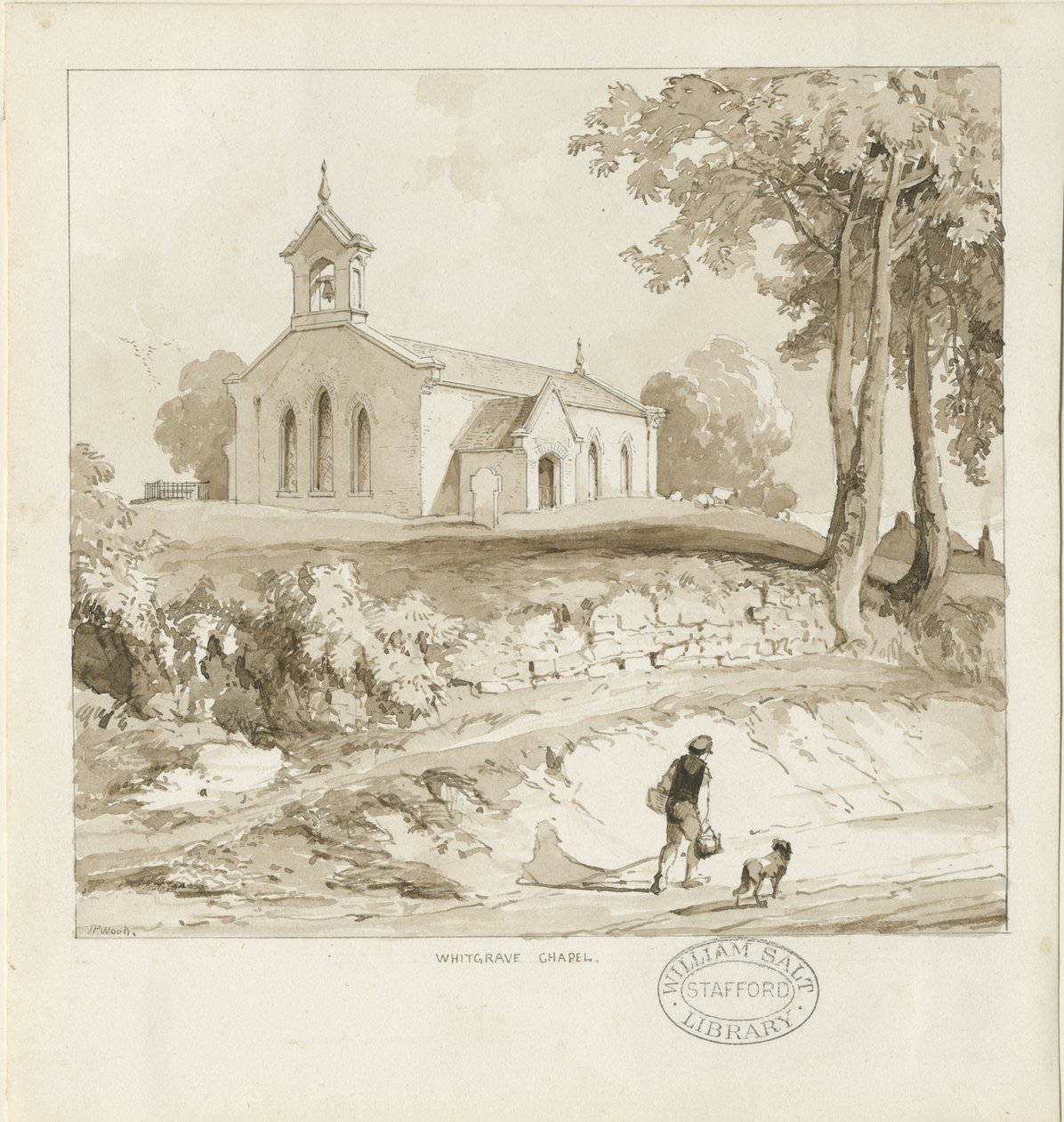 Stafford - Capilla de Whitgreave: dibujo en sepia, nd [c 1838] de Thomas Peploe Wood
