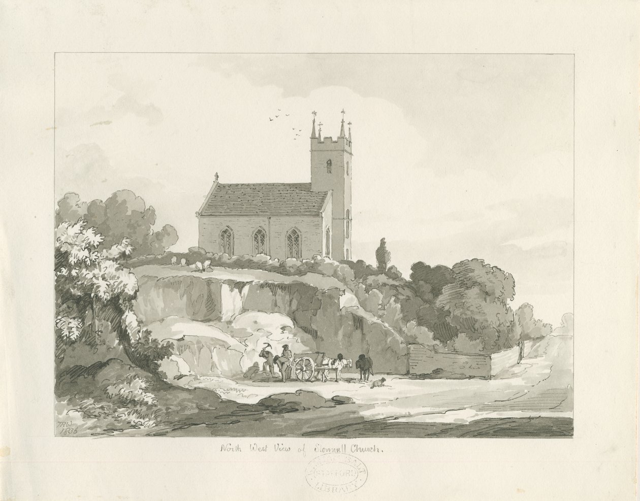 Iglesia de Stonnall: dibujo a pluma y lavado de Thomas Peploe Wood