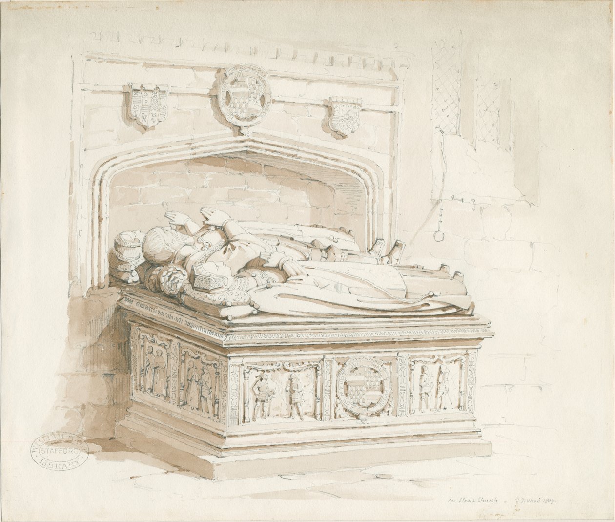 Iglesia de Stowe - Tumba de mesa [de Sir Walter Devereux]: dibujo en sepia de Thomas Peploe Wood