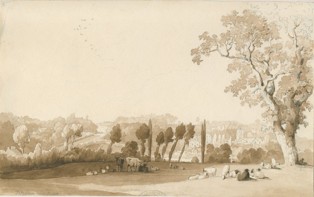 Tettenhall - Vista distante desde el sureste: dibujo a lápiz y lavado, 30 de agosto de 1837 de Thomas Peploe Wood