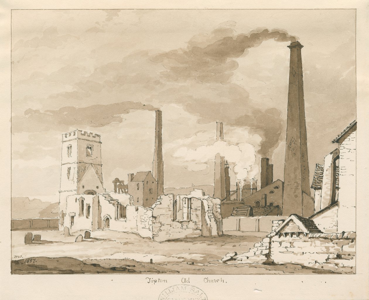 Iglesia Antigua de Tipton: dibujo en sepia, 1837 de Thomas Peploe Wood