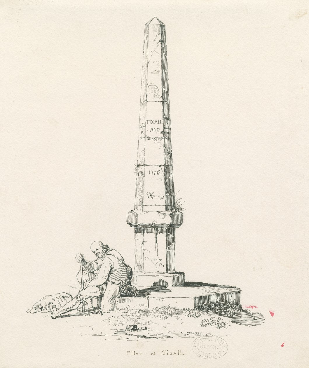 Tixall - Pilar mostrando distancias: dibujo a pluma y tinta de Thomas Peploe Wood
