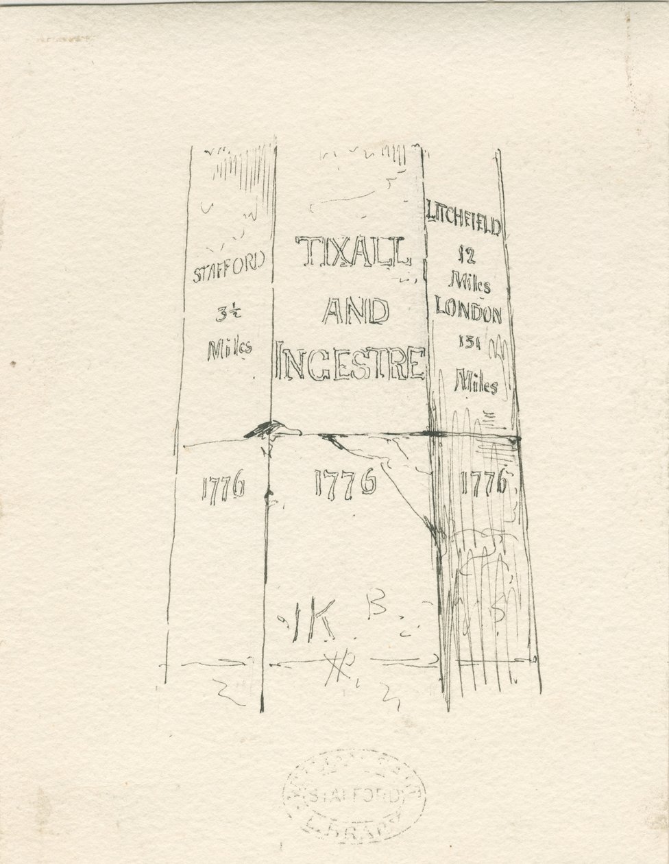 Tixall - Pilar de piedra mostrando distancias: dibujo a pluma y tinta, nd [mediados del siglo XIX] de Thomas Peploe Wood