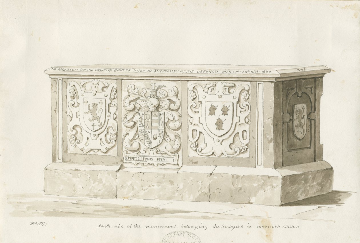 Tumba en la Iglesia de Biddulph - William Bowyer: dibujo en sepia de Thomas Peploe Wood
