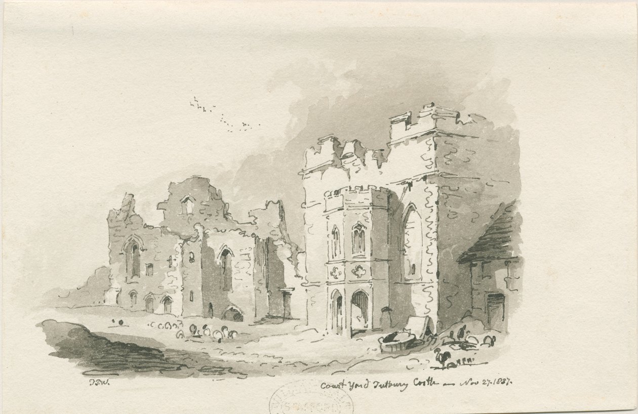 Castillo de Tutbury - Patio: dibujo a pluma y lavado, 27 de noviembre de 1837 de Thomas Peploe Wood