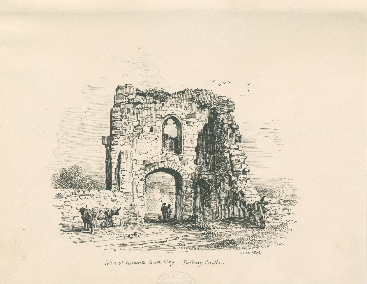 Castillo de Tutbury - Puerta de John de Gaunt: dibujo a pluma y tinta, 1839 de Thomas Peploe Wood
