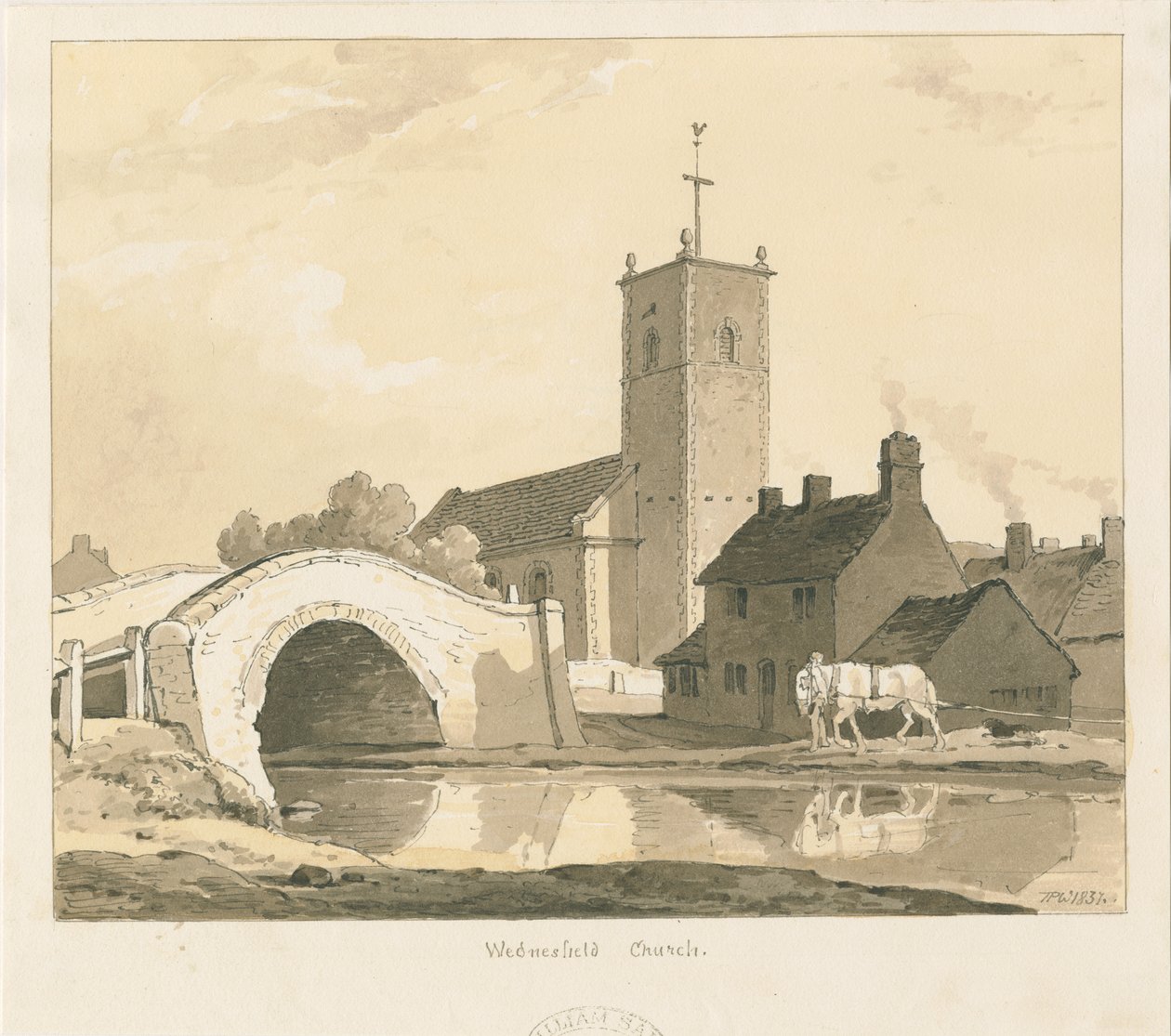 Iglesia y Puente de Wednesfield: dibujo en sepia, 1837 de Thomas Peploe Wood