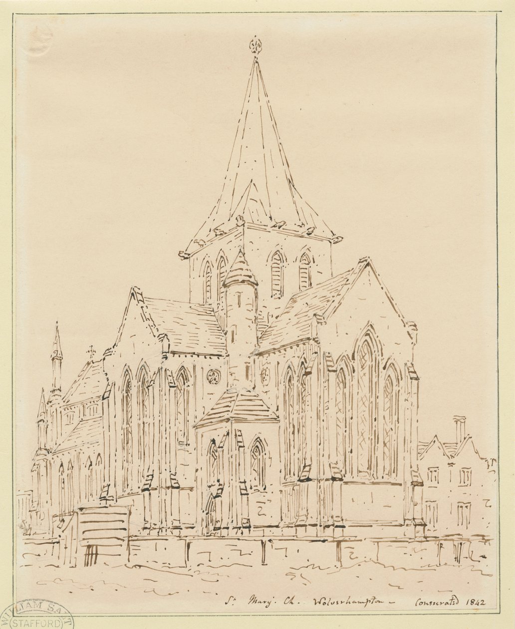 Wolverhampton - Iglesia de Santa María: dibujo a pluma, nd [?mediados del siglo XIX] de Thomas Peploe Wood