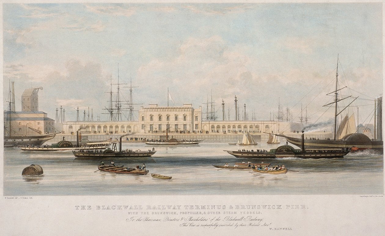 La terminal ferroviaria de Blackwall y el muelle de Brunswick, Blackwall, Poplar, Londres, c. 1840 de Thomas Picken