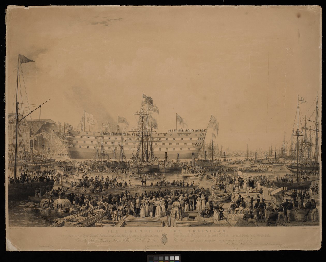 La botadura del Trafalgar, en presencia de Su Graciosa Majestad la Reina Victoria y Su Alteza Real el Príncipe Alberto, en H.M.Dock Yard, Woolwich... de Thomas Picken
