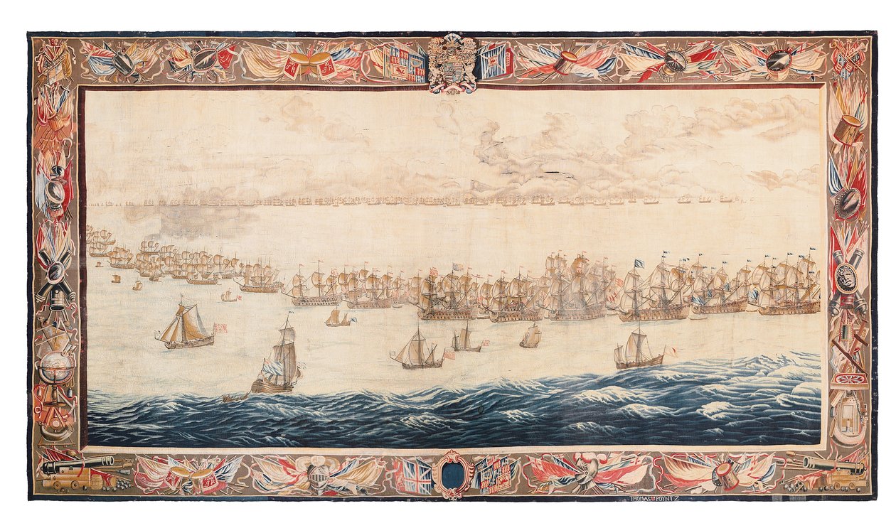 Tapiz histórico de la Batalla de Solebay, Mortlake, diseños atribuidos a William van de Velde, c.1688 de Thomas Poyntz