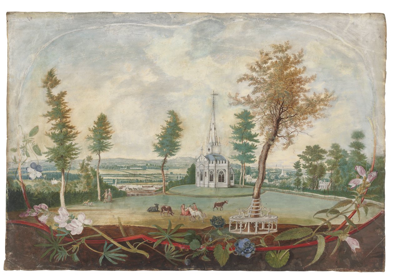 Una capilla gótica en un parque extenso, en un cartucho decorado con flores cortadas de Thomas Robins