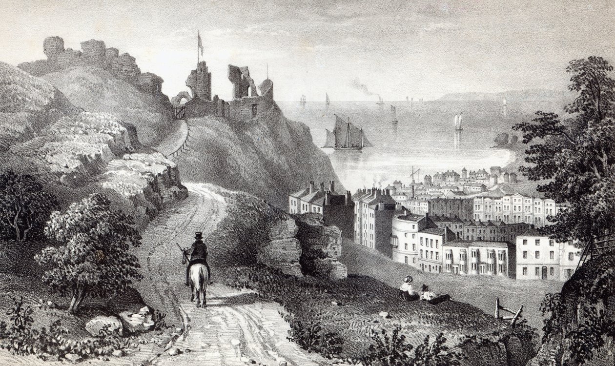 Castillo de Hastings desde la plantación del Reverendo W. Wallinger, grabado por R. Martin de Thomas Ross