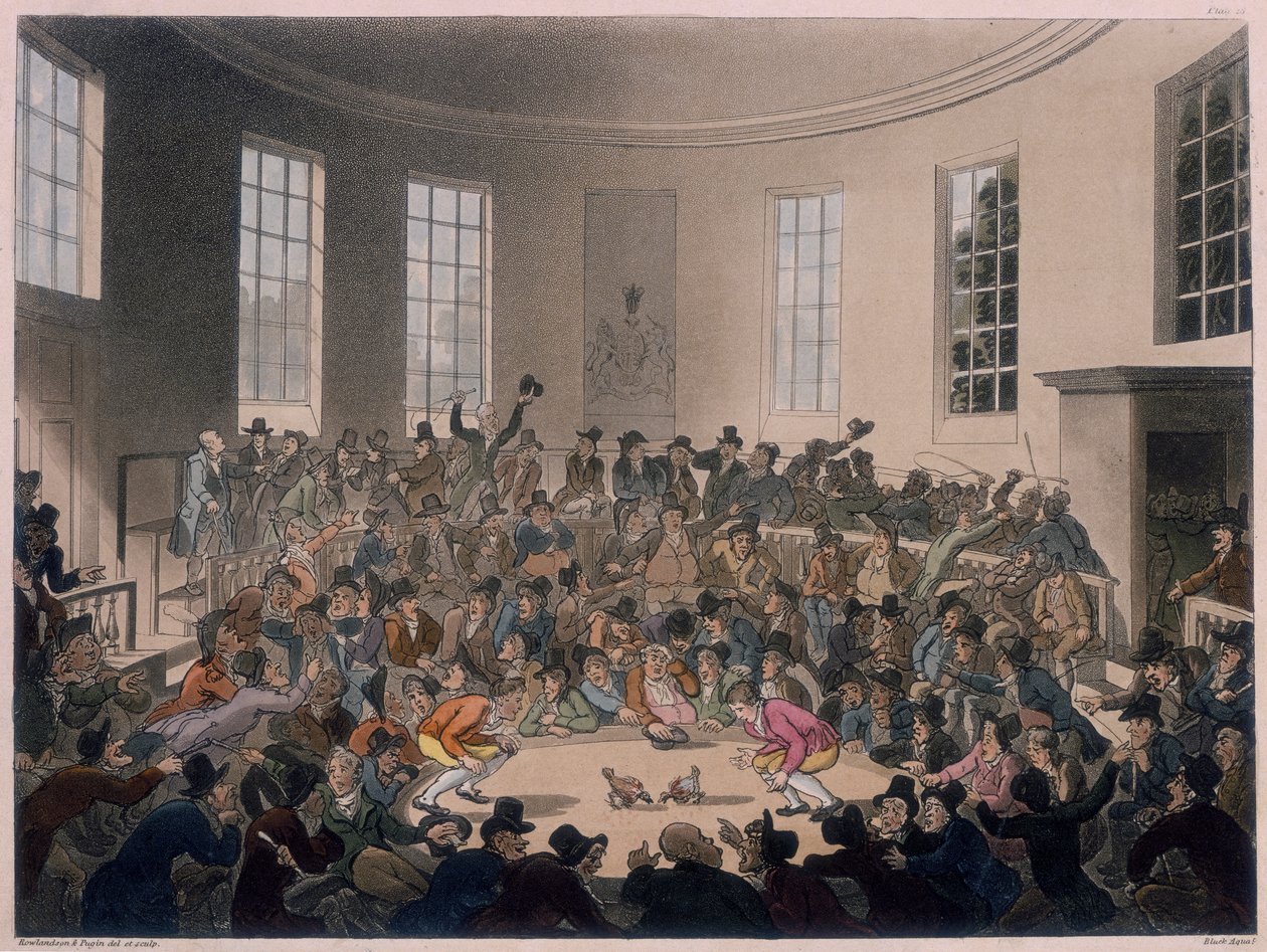 Hombres viendo una pelea de gallos, finales del siglo XVIII-principios del siglo XIX de Thomas Rowlandson, Augustus Charles Pugin