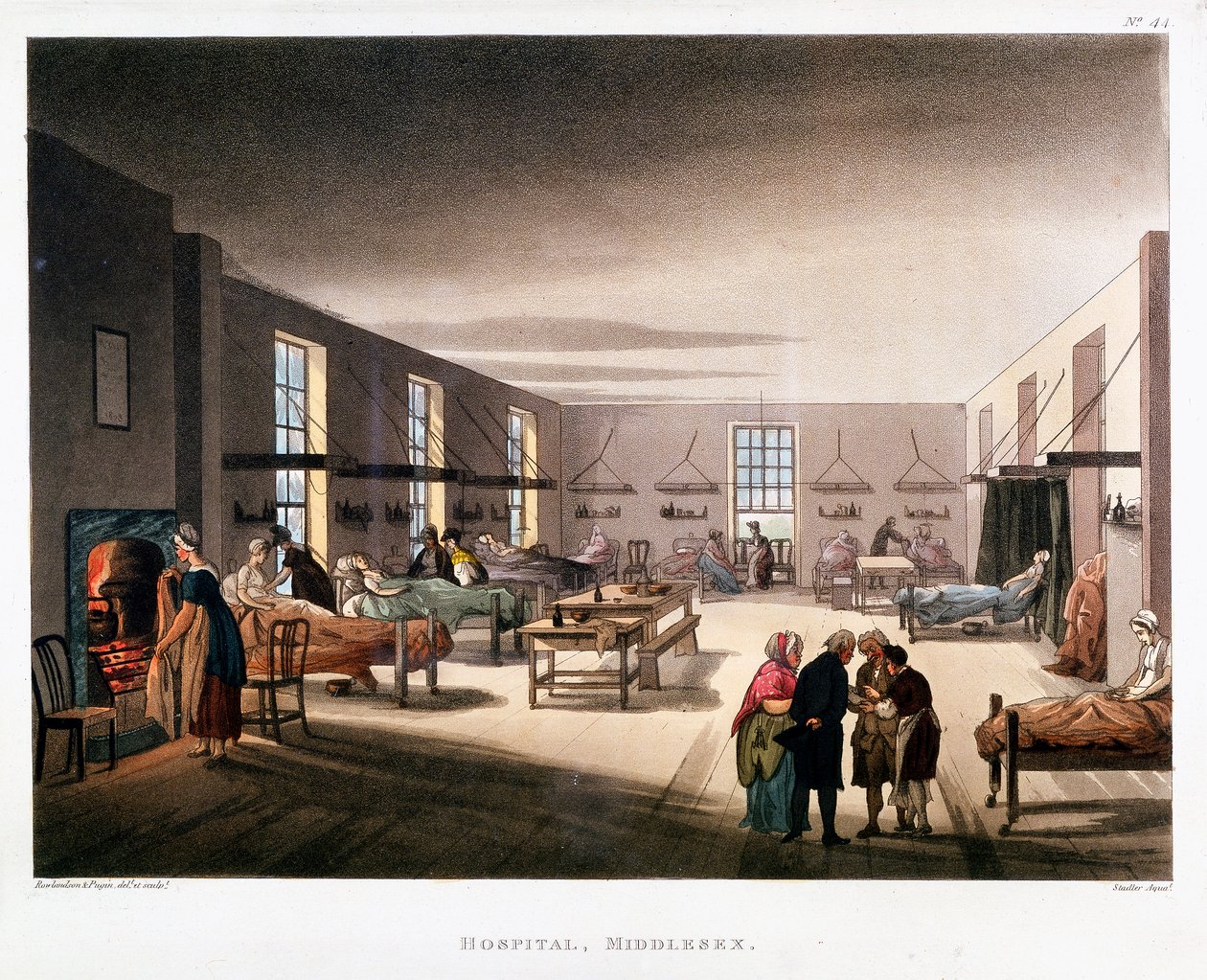 Sala de mujeres en el Hospital Middlesex, Londres, 1808-1811 de Thomas Rowlandson, Augustus Charles Pugin
