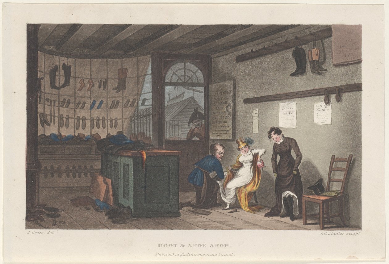 Tienda de Botas y Zapatos, de Bocetos Poéticos de Scarborough, 1813 de Thomas Rowlandson, Joseph Constantine Stadler, J. Bluck