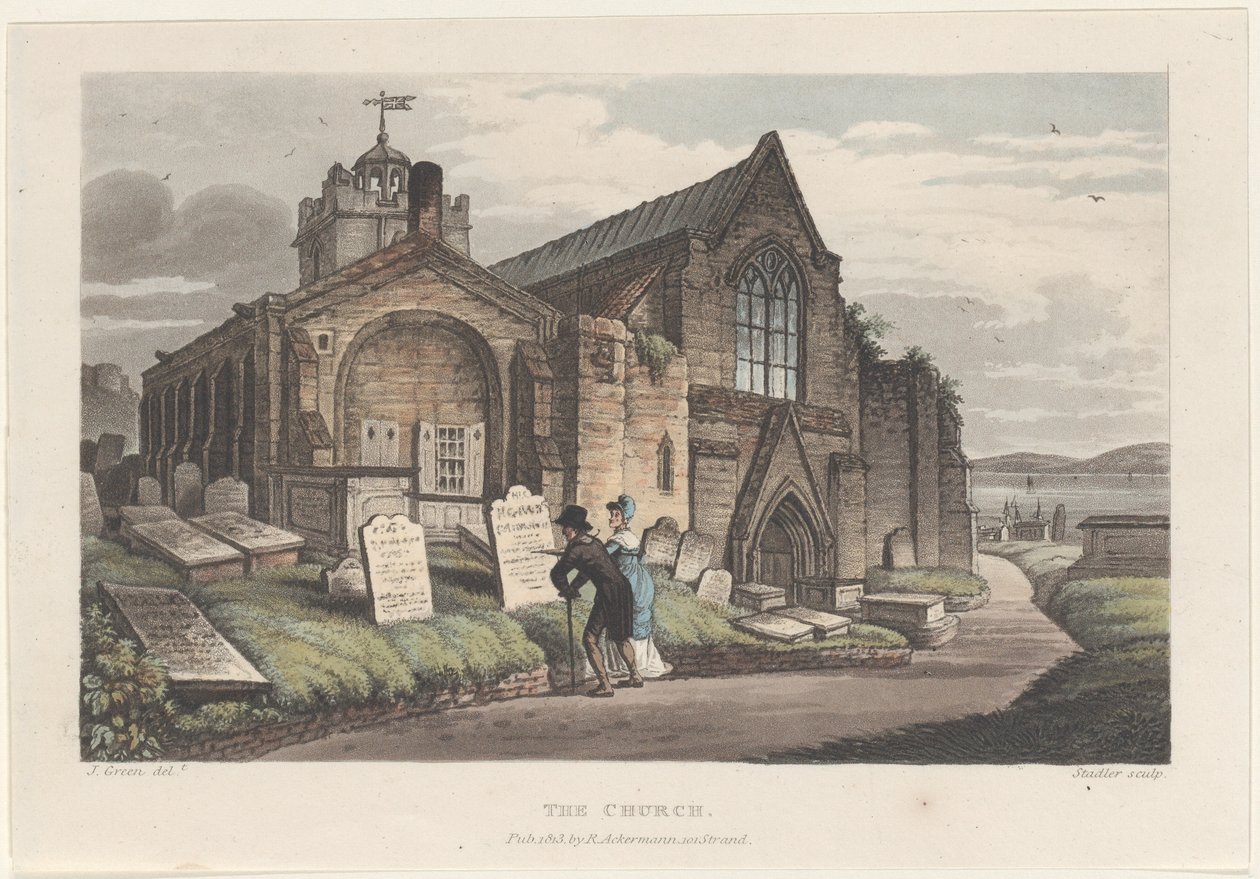 La Iglesia, de Bocetos Poéticos de Scarborough, 1813 de Thomas Rowlandson, Joseph Constantine Stadler, J. Bluck