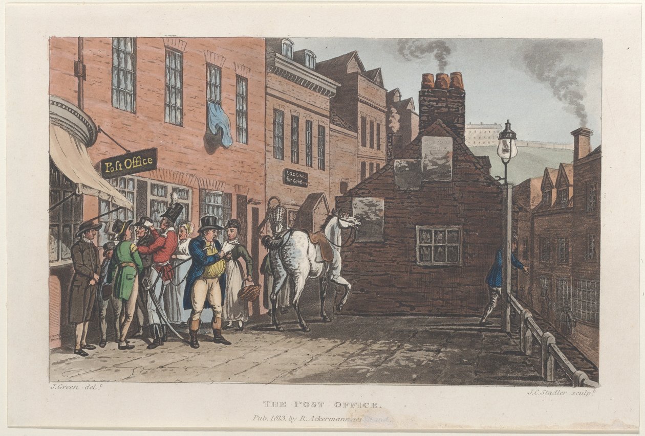 La oficina de correos, de Bocetos poéticos de Scarborough, 1813 de Thomas Rowlandson, Joseph Constantine Stadler, J. Bluck