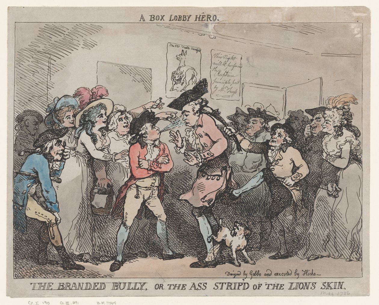 «Un héroe de los pasillos de las taquillas», «El matón marcado» o «El asno despojado de la piel del león». de Thomas Rowlandson