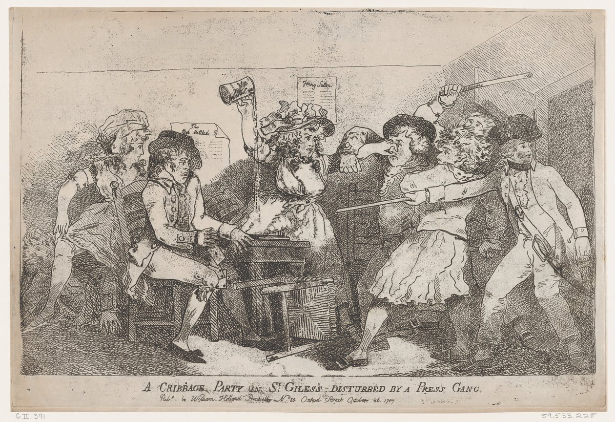 Una partida de cribbage en St. Giles interrumpida por una banda de prensa de Thomas Rowlandson